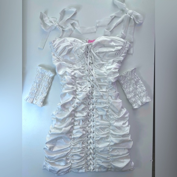 SUGAR THRILLZ DOLLS KILL WHITE BRIGHT BUDS RUCHED MINI DRESS GLOVES SET SMALL - Picture 1 of 6